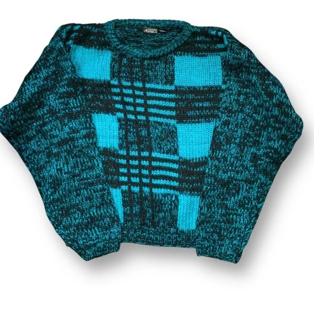 Vintage Street Scene Teal Black Checkered Plaid Loose Knit Pullover Sweater